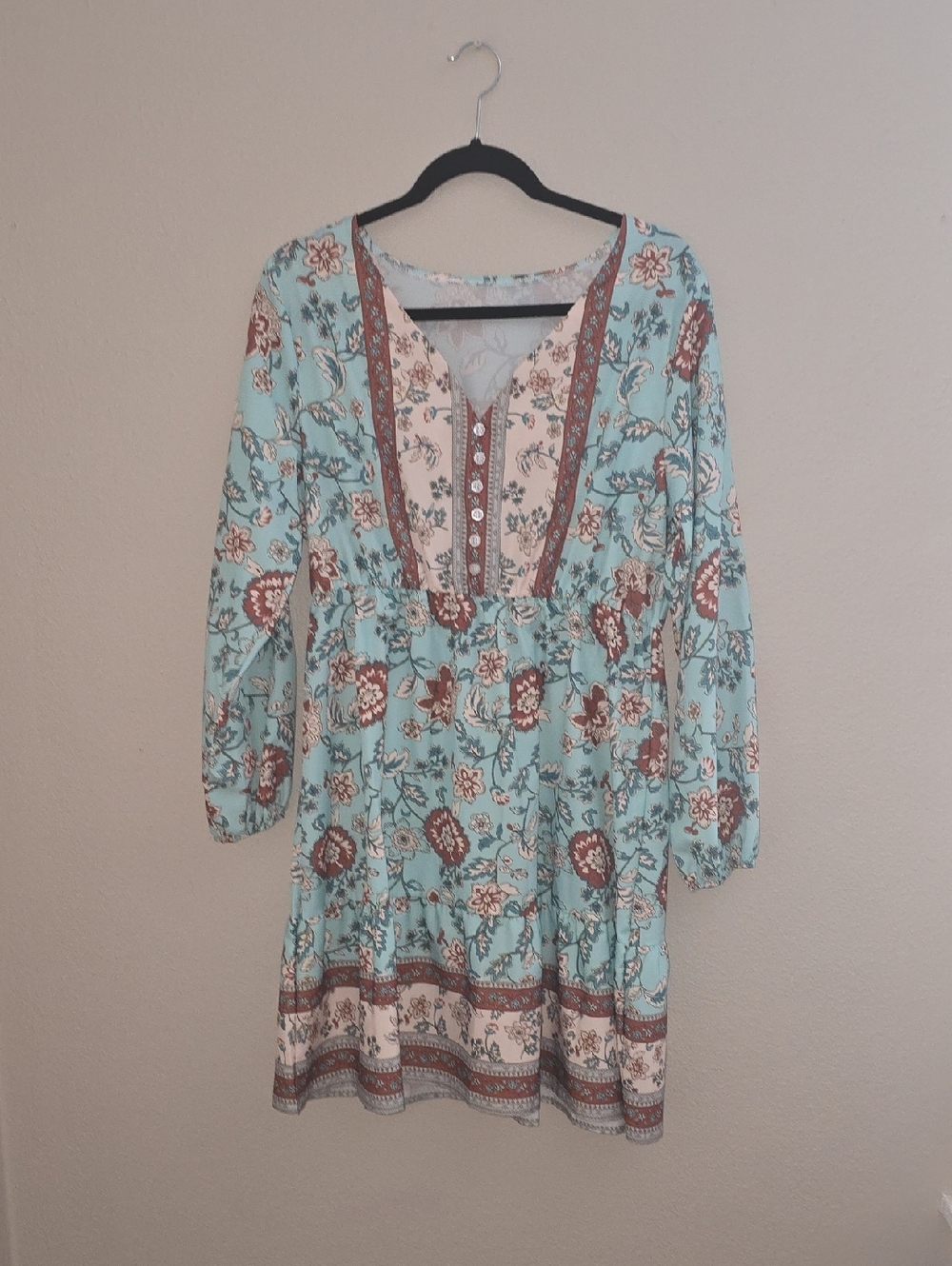 Floral Boho V-Neck Long Sleeve Dress in Light Teal and Cream